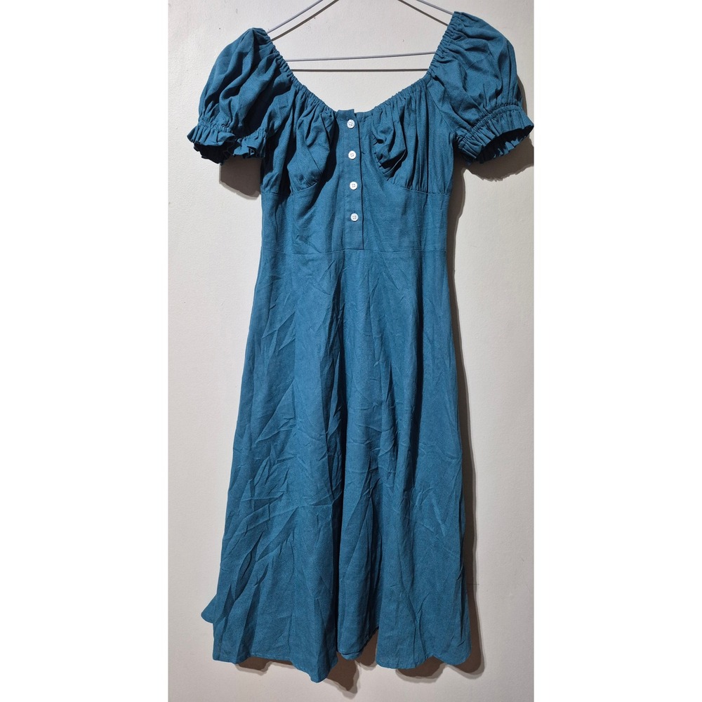 La‎ Bera Teal Blue Milkmaid Midi Dress Puff Sleeve Cottagecore Women Small